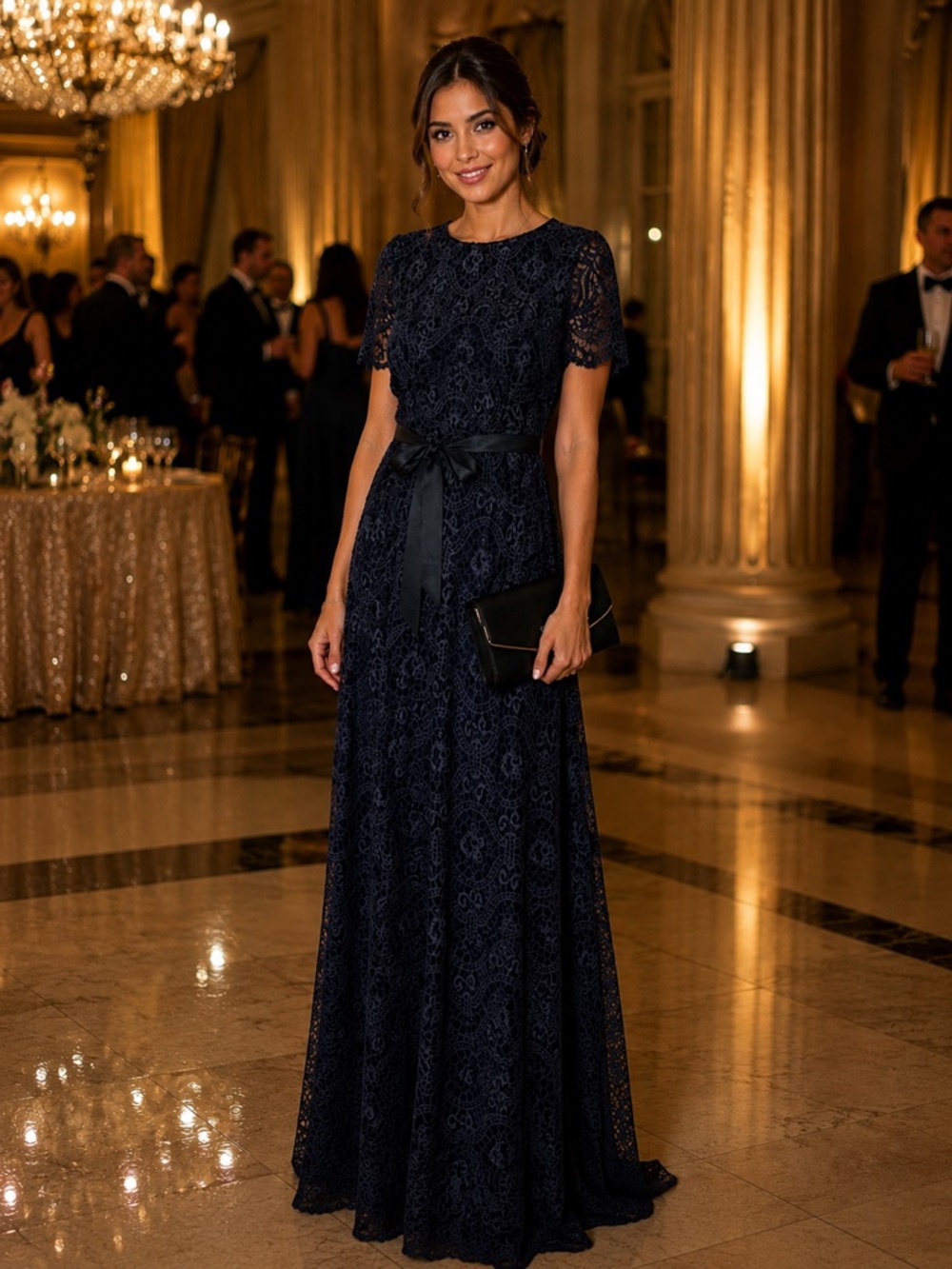 Midnight Blue Lace Maxi Dress with Satin Waist Tie